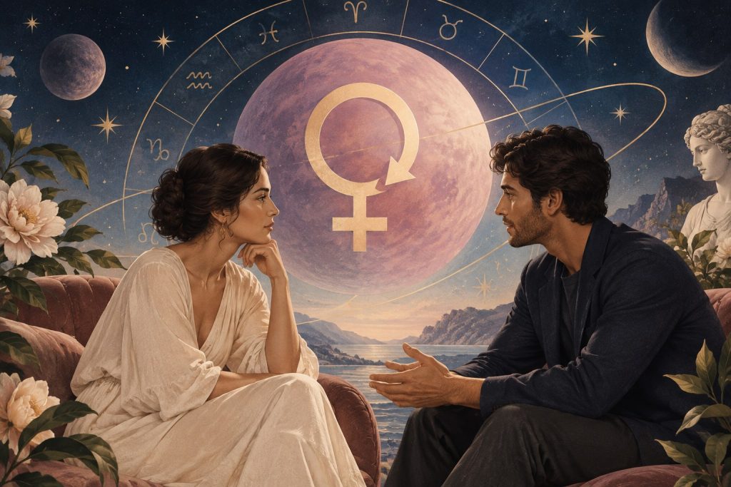 Elegant editorial illustration of Venus retrograde in 2026