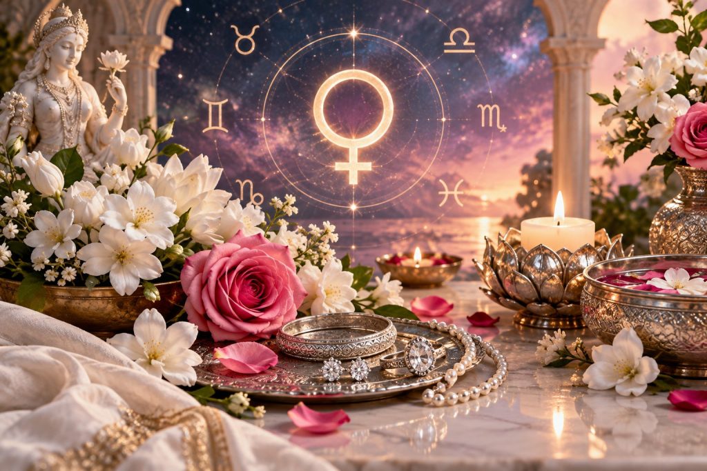 Elegant Vedic astrology illustration of Venus Shukra remedies: white flowers