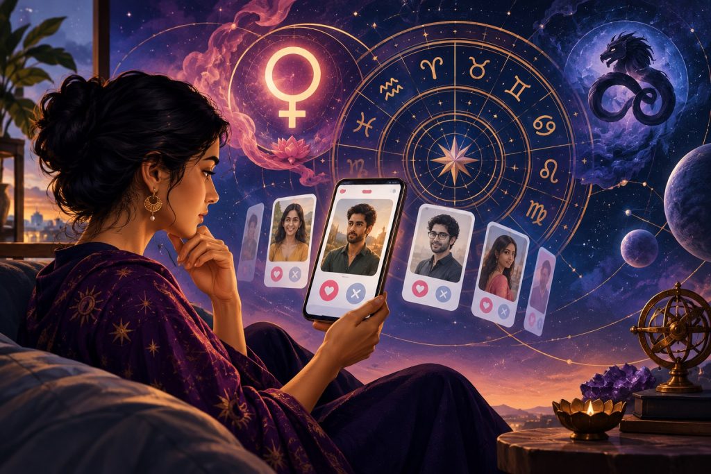 Modern editorial illustration of digital dating through a Vedic astrology lens: smartphone dating interface motifs