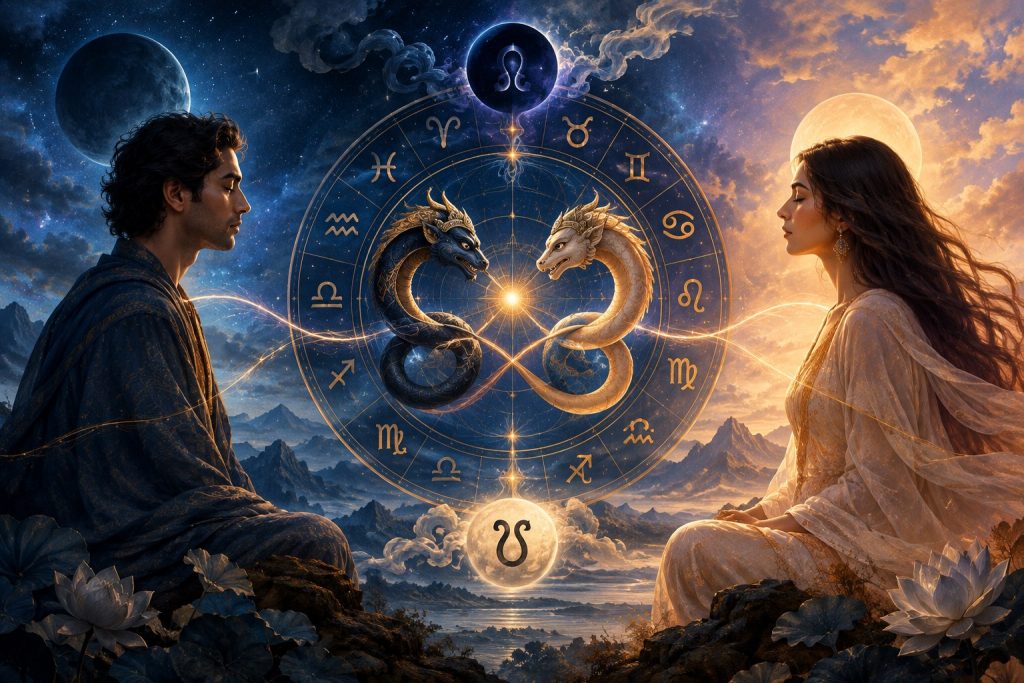 Vedic astrology editorial illustration comparing karmic soulmates and twin-flame symbolism: two figures connected by subtle Rahu-Ketu nodal imagery